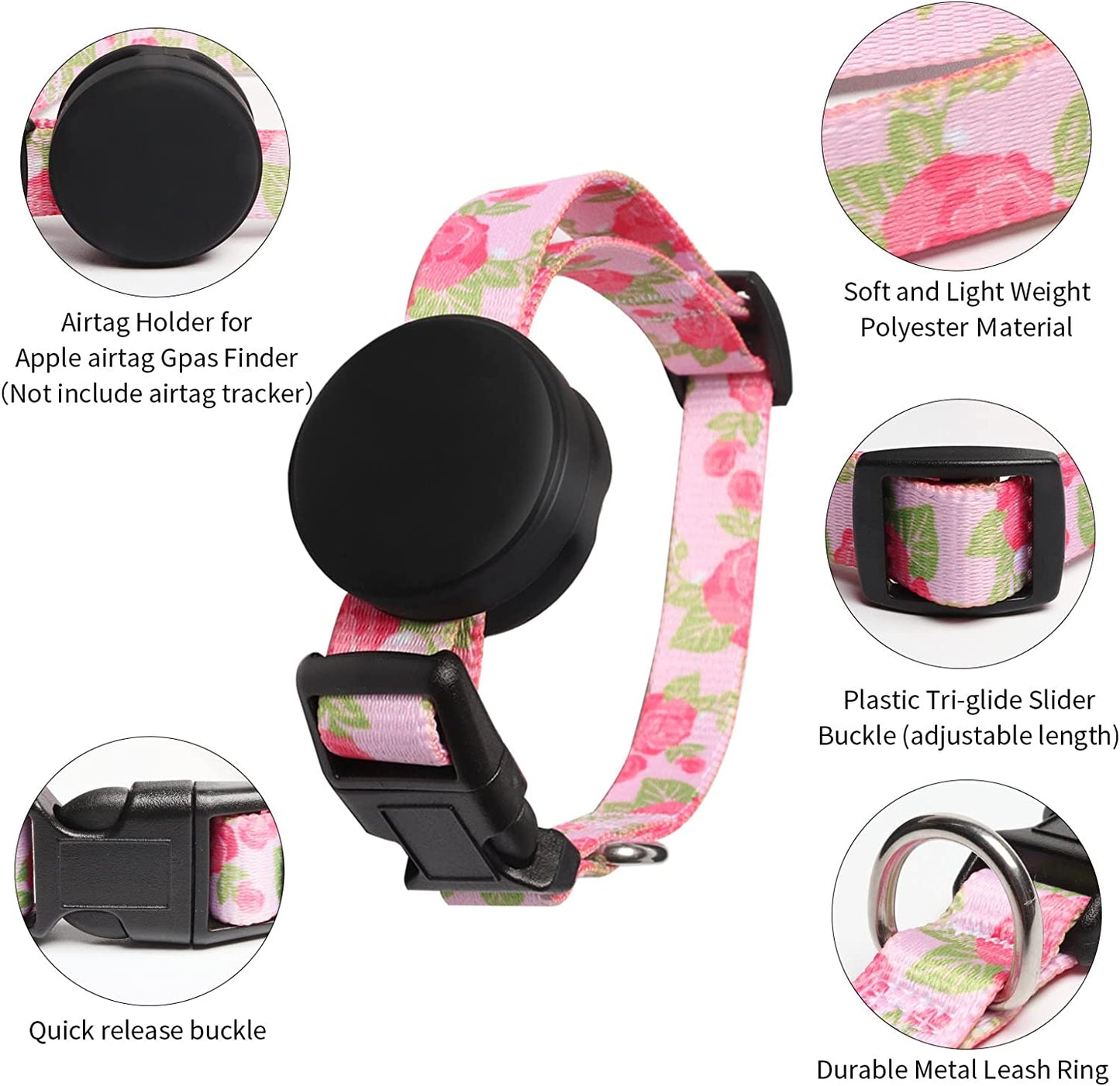 EXIEUSKJ Airtag Dog Collar, Item Finder Case for Apple Airtag 2021, Polyester Pet Cat Puppy Collar with Silicone Airtag Holder for Small, Medium, Large, Dogs,Pink Rose, M: 12.9''-21.6''Neck  dogcollarair618-7   