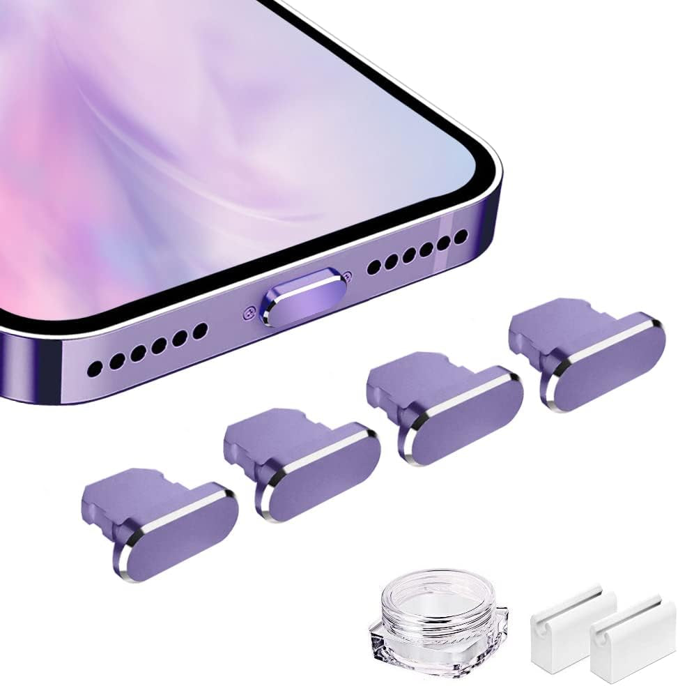 VIWIEU Metal anti Dust Plug Compatible with Iphone 14 13 12 11 X XS XR 8 7 SE Mini plus Pro Max Ipad Airpods, 2 Pack Lightning Charging Port Cover Protectors with Plug Holder and Storage Box (Black)  VIWIEU Deep Purple Pack 4 PCS 