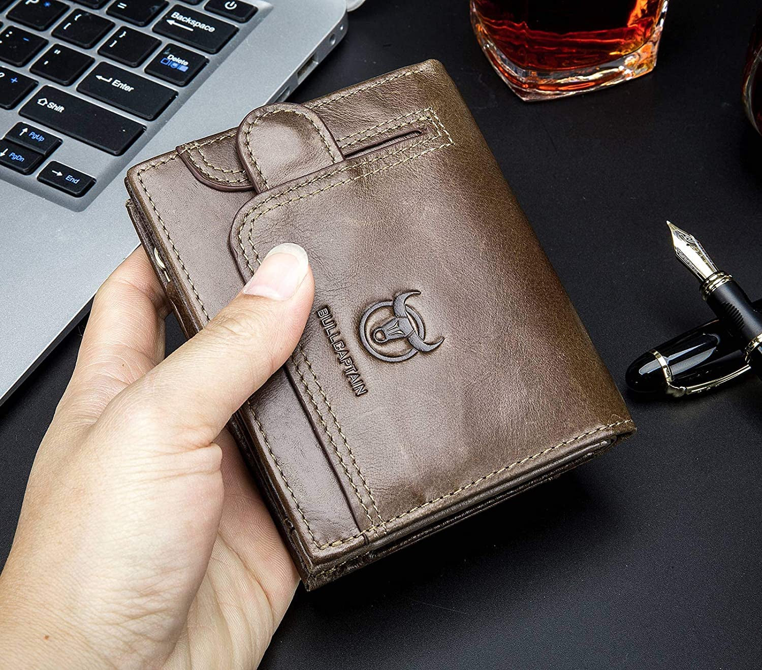 Mens RFID Blocking Wallet,Leather Vintage Bifold Card Holder Purse with Zipper  BULLCAPTAIN   