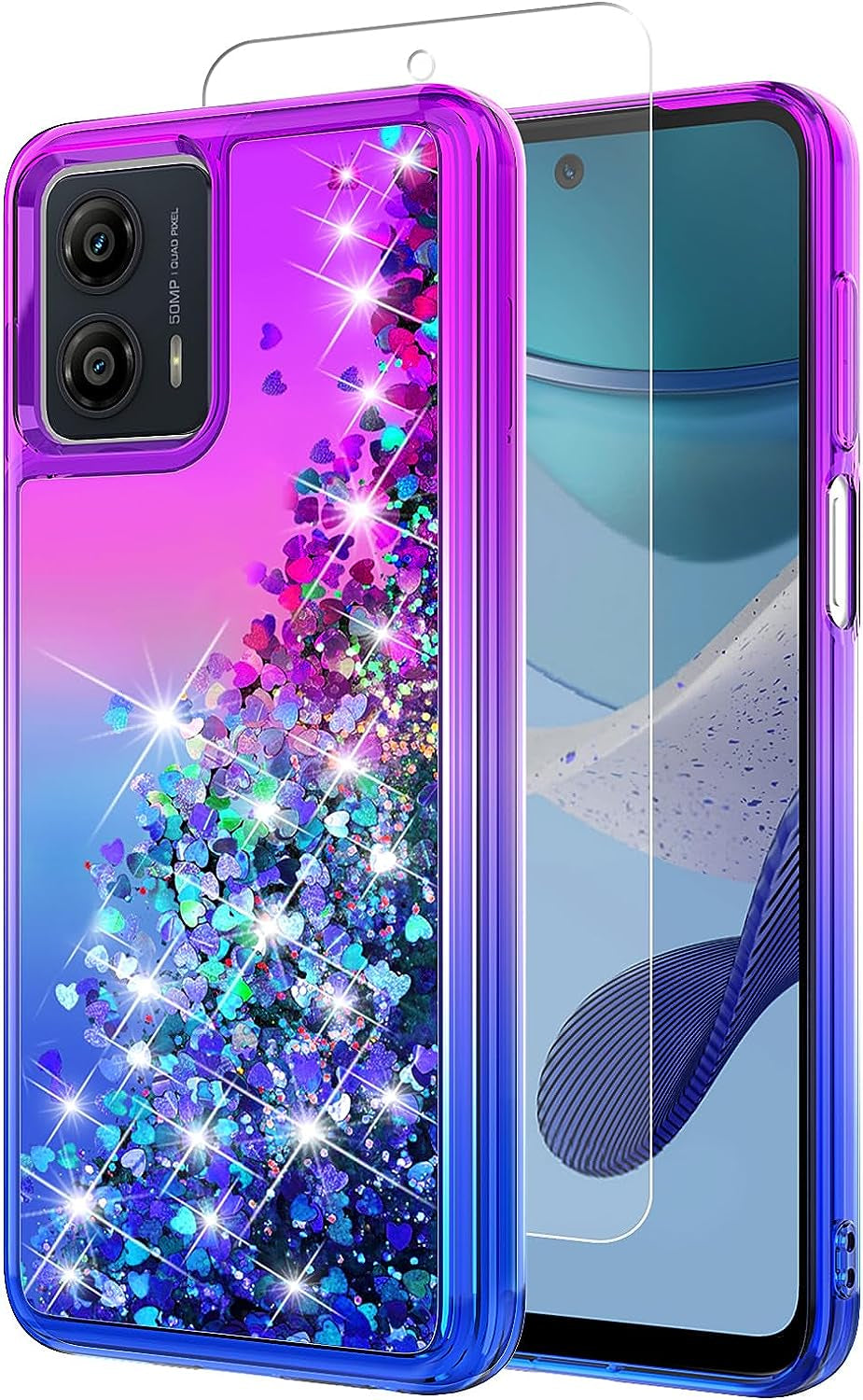 YZOK for Moto G 5G 2023 Case,Motorola G 5G 2023 Case,With HD Screen Protector,Gradient Quicksand Glitter Liquid Floating Girls Cute Phone Case for Motorola Moto G 5G 2023 (Teal/Purple)  YZOK Purple/Blue  