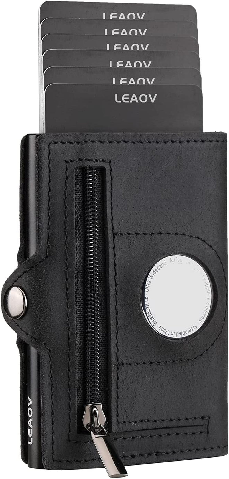 Leaov Air Tag Wallet for Men, Anti-Lost Slim Leather Wallet with Airtag Case, RFID Blocking Front Pocket Wallet for Airtag with Gift Box(Carbon Black)  Leaov Black-02  