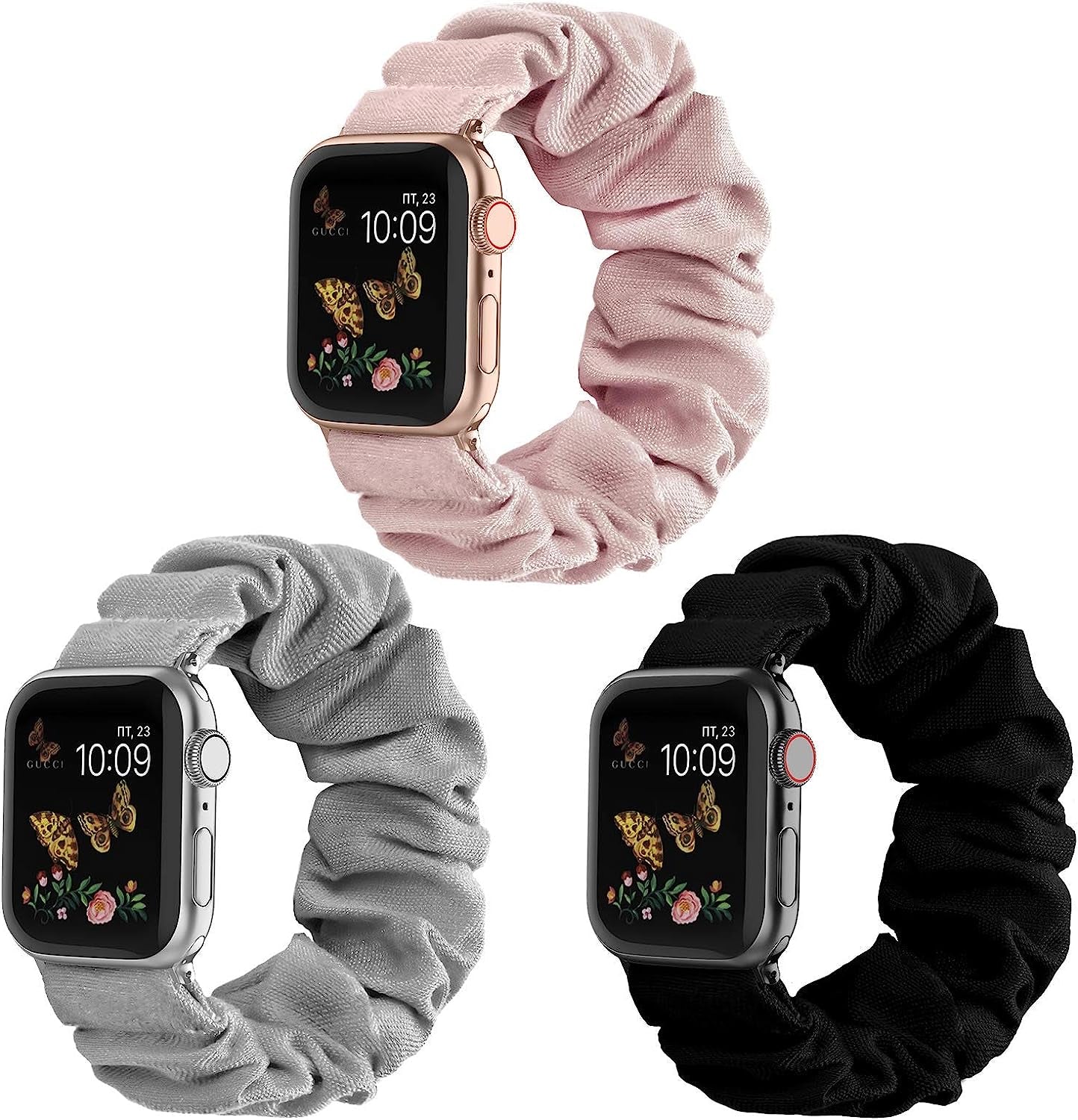 Recoppa Compatible for Scrunchie Apple Watch Band 38Mm 41Mm 42Mm 40Mm 44Mm 45Mm Cute Print Elastic Watch Bands Women Bracelet Strap for Apple Iwatch Series 7 6 5 4 3 2 1 SE(3 Pack, 38/40/41Mm-Small)  Recoppa Black/Gray/Pink 38mm/40mm/41mm-Small 