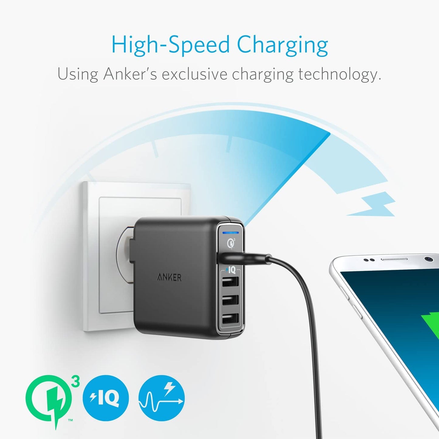 Anker Quick Charge 3.0 43.5W 4-Port USB Wall Charger, Powerport Speed 4 for Galaxy S7/S6/Edge/Edge+, Note 4/5, LG G4/G5, HTC One M8/M9/A9, Nexus 6, with Poweriq for Iphone 7, Ipad, and More  Anker   