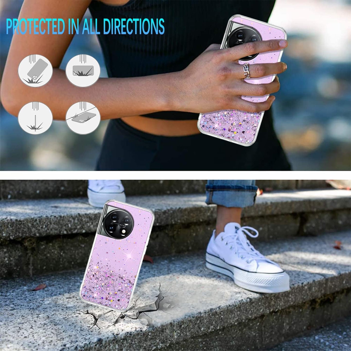 Compatible with Oneplus 11 Case Glitter Clear Green, Oneplus 11 Phone Case Silicone Transparent Soft TPU Women Girls Shockproof Protective Slim Cover (Purple)  Wousunly   