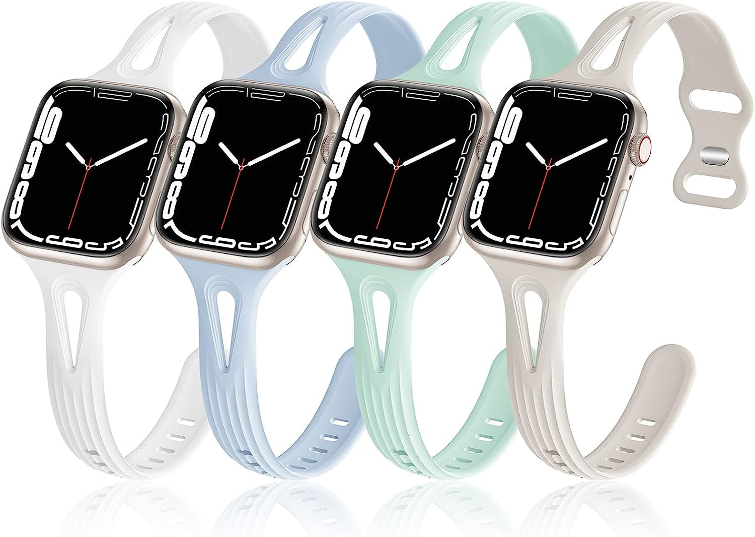 4 Pack Bands Compatible with Apple Watch Band 40Mm 38Mm 41Mm 42Mm 44Mm 45Mm for Women, Slim Thin Narrow Replacement Wristbands Soft Silicone Sport Strap for Iwatch Band Series 8 7 6 5 4 3 2 1 SE  Hehighti Light Blue/Light Green/Starlight/White 42mm/44mm/45mm/49mm 