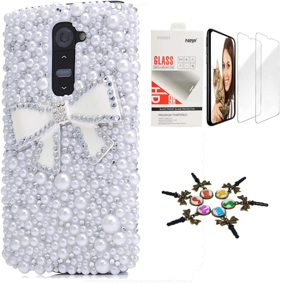 STENES Bling Case Compatible with LG G6 / LG G6 plus - Stylish - 3D Handmade [Sparkle Series] Punk Big Skull Design Cover with Screen Protector [2 Pack] - Black  STENES Bowknot / White Design For Lg V40 Thinq 