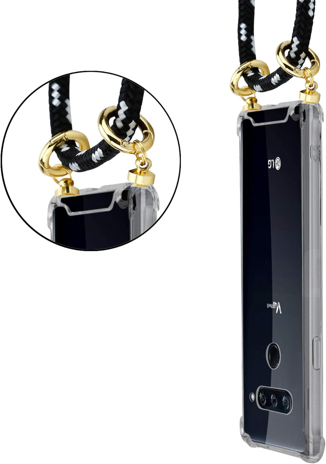 Cadorabo Necklace Case Compatible with LG V40 in Black Silver - Transparent TPU Silicone Cover with Golden Rings, Sling Strap and Removable Etui  Cadorabo   