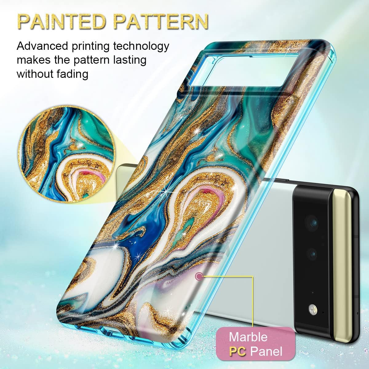 Btscase Gold Glitter Marble - Slim Shockproof Protective Cover for Google Pixel 6 (2021) - Blue/Drift Sand  Btscase   