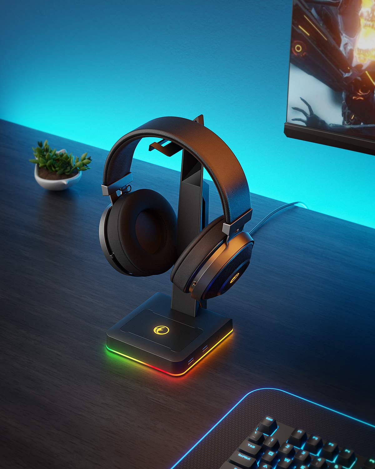 IFYOO RGB Gaming Headset Stand with 2 USB Ports, Game Headphone Mount for PC, Xbox One, PS4, Switch, Earphone Holder Hanger, Great for Gaming Stations, Fancy Desk Gamer Accessories, Black  IFYOO   