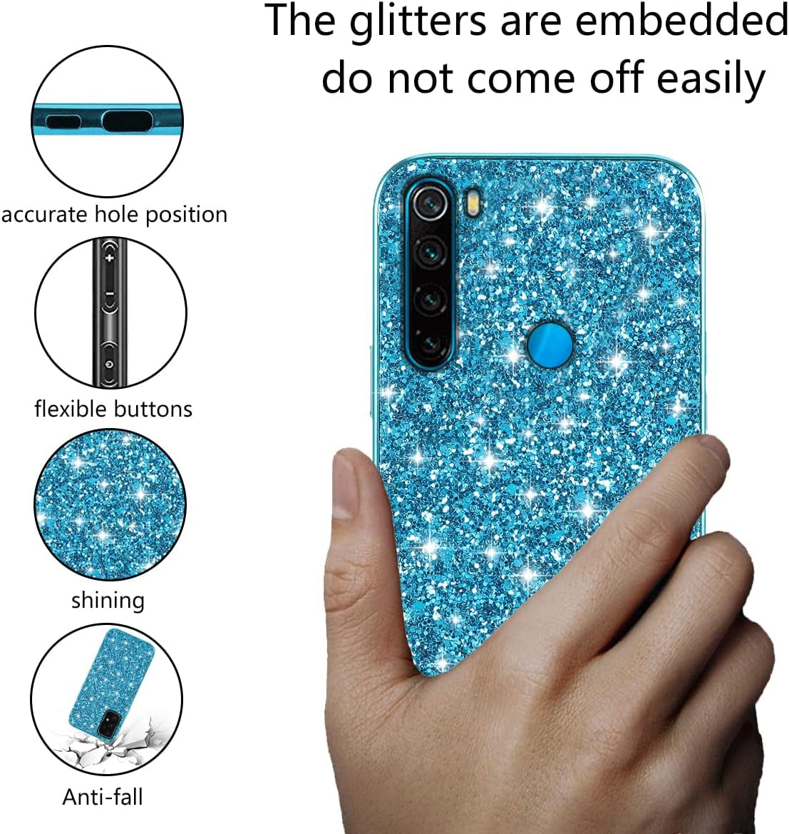 Compatible with Xiaomi Redmi Note 8 Case Glitter Shockproof,Redmi Note 8 Phone Case Bling Sparkly Soft TPU and PC Silicone Shiny Girl Women Thin Protective Cover (Blue)  Wousunly   