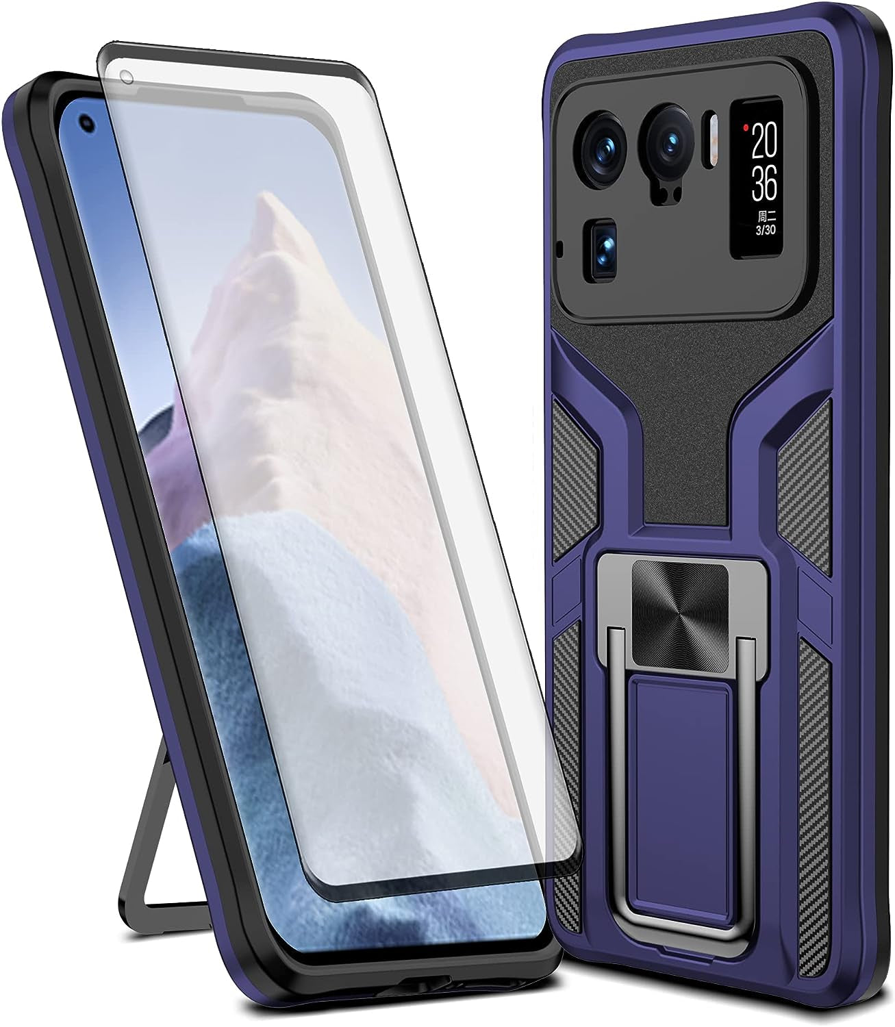 Asuwish Compatible with Xiaomi Mi 11 Ultra 5G Case and Tempered Glass Screen Protector Stand Ring Holder Kickstand Cell Accessories Phone Cover for Mi11Ultra Mi11 11Ultra G5 Women Men Blue  Asuwish   