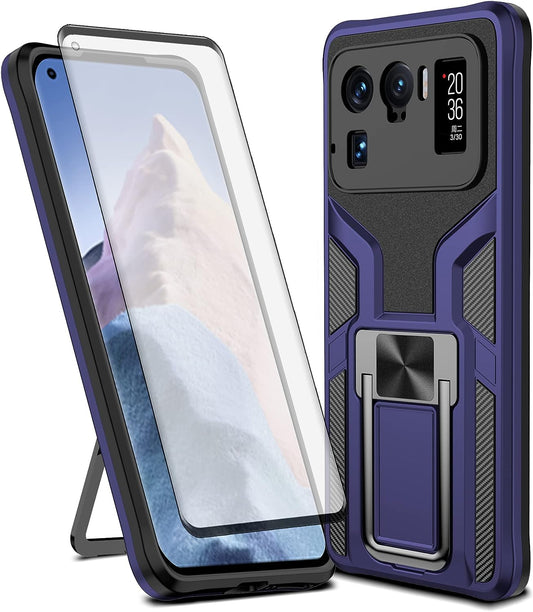 Asuwish Compatible with Xiaomi Mi 11 Ultra 5G Case and Tempered Glass Screen Protector Stand Ring Holder Kickstand Cell Accessories Phone Cover for Mi11Ultra Mi11 11Ultra G5 Women Men Blue  Asuwish   