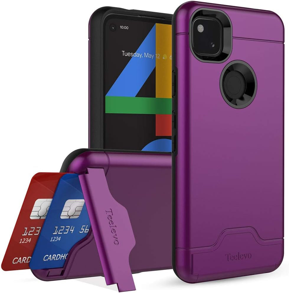 Teelevo Wallet Case for Google Pixel 4A [NOT Compatible with Pixel 4A 5G], Dual Layer Case with Card Slot Holder for Google Pixel 4A - Black  Teelevo Purple  