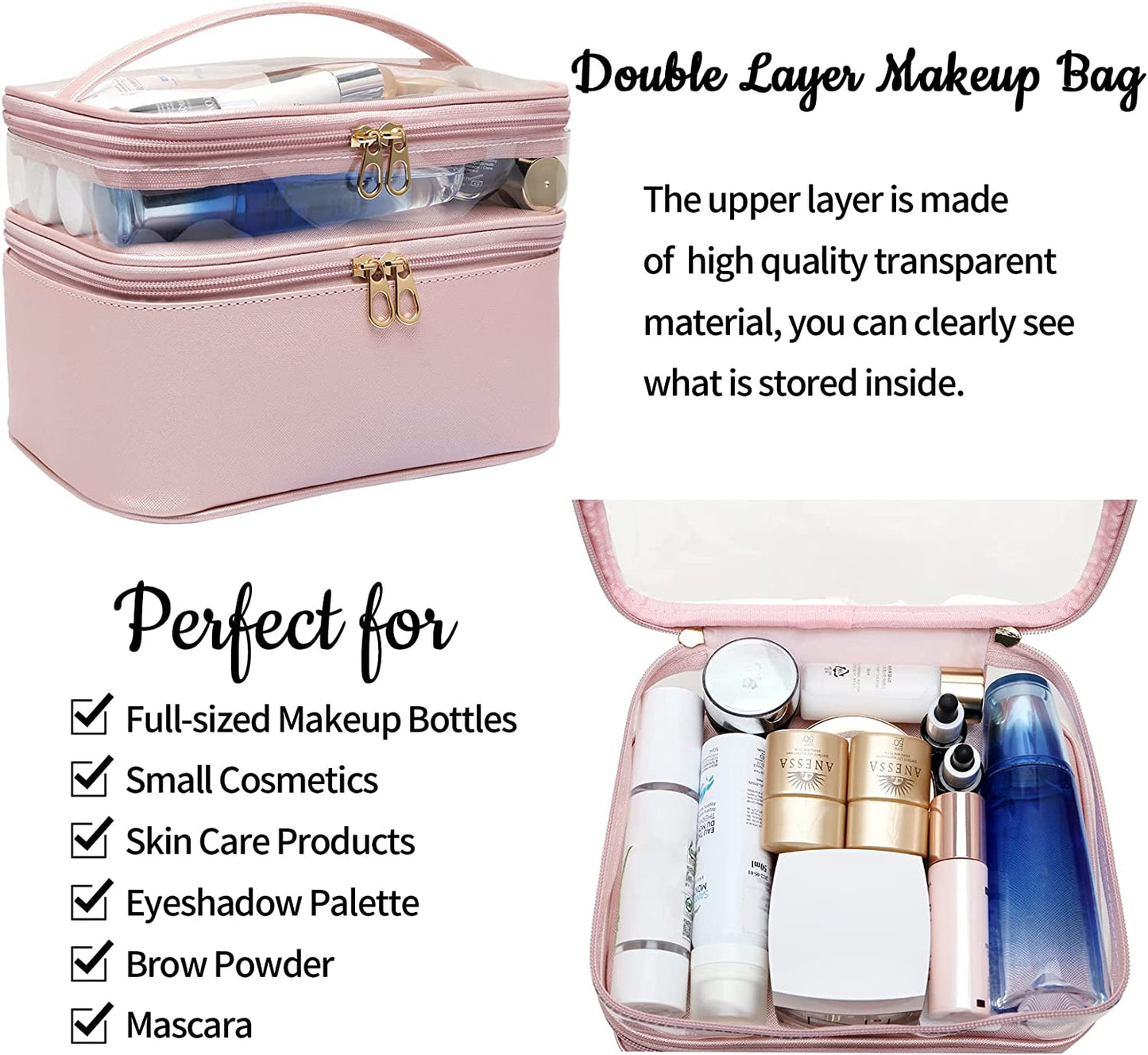 Makeup Bag,Leather Double Layer Large Makeup Organizer Bag,Travel Accessories Dorm Room Essentials Toiletry Bag for Women,Travel Essentials Cosmetic Bag Makeup Case,Mothers Day Gifts Graduation Gifts  365park   