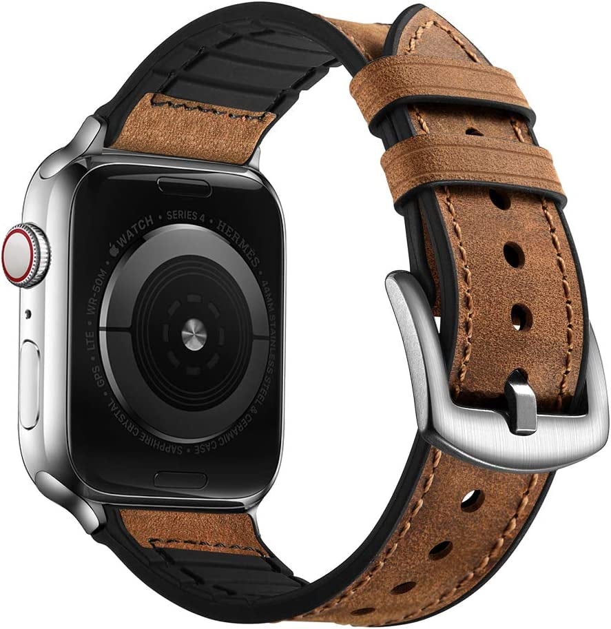 OUHENG Compatible with Apple Watch Band 49Mm 45Mm 44Mm 42Mm, Sweatproof Genuine Leather and Rubber Hybrid Band Strap for Iwatch Ultra Series 8 7 6 5 4 3 2 1 SE2 SE, Brown Band with Black Adapter  OUHENG Brown/Silver 41mm/40mm/38mm 