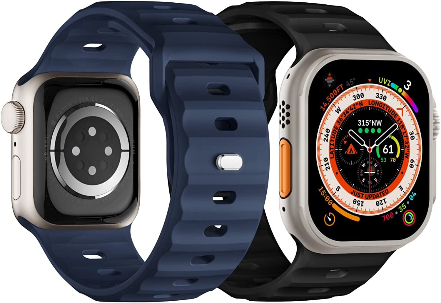 Sport Bands Compatible with Apple Watch Ultra Band 49Mm 45Mm 44Mm 42Mm for Men, Soft Silicone Wristbands Waterproof Replacement Strap for Iwatch Series 8 7 6 5 SE Ultra, 2 Packs  Suitisbest Black/Navy Blue 49mm/45mm/44mm/42mm Large 