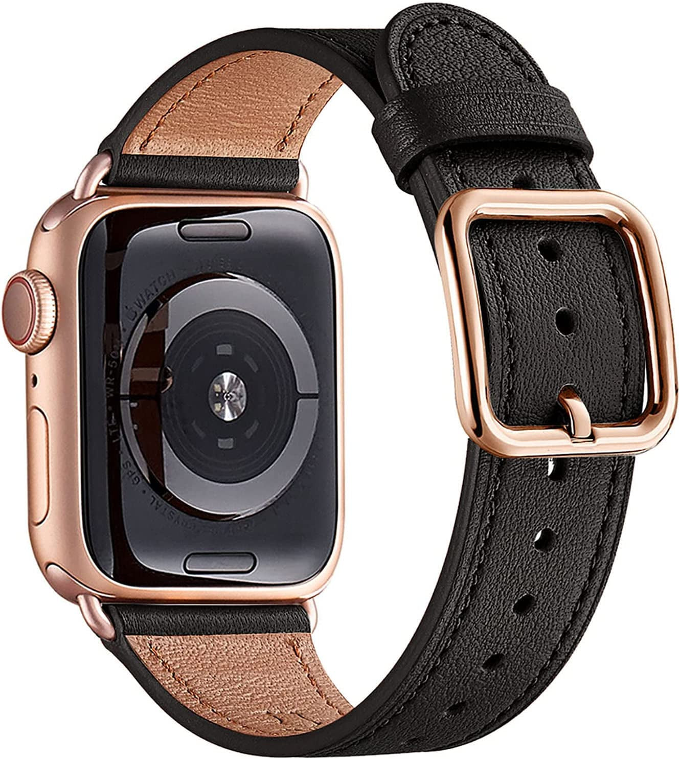 MNBVCXZ Compatible with Apple Watch Band 38Mm 40Mm 41Mm 42Mm 44Mm 45Mm 49Mm Women Men Girls Boys Genuine Leather Replacement Strap for Iwatch Series 8 7 6 5 4 3 2 1 Iwatch Ultra SE (Pink Sand/Rose Gold)  MNBVCXZ-US Black/Rose gold 42mm 44mm 45mm 49mm 