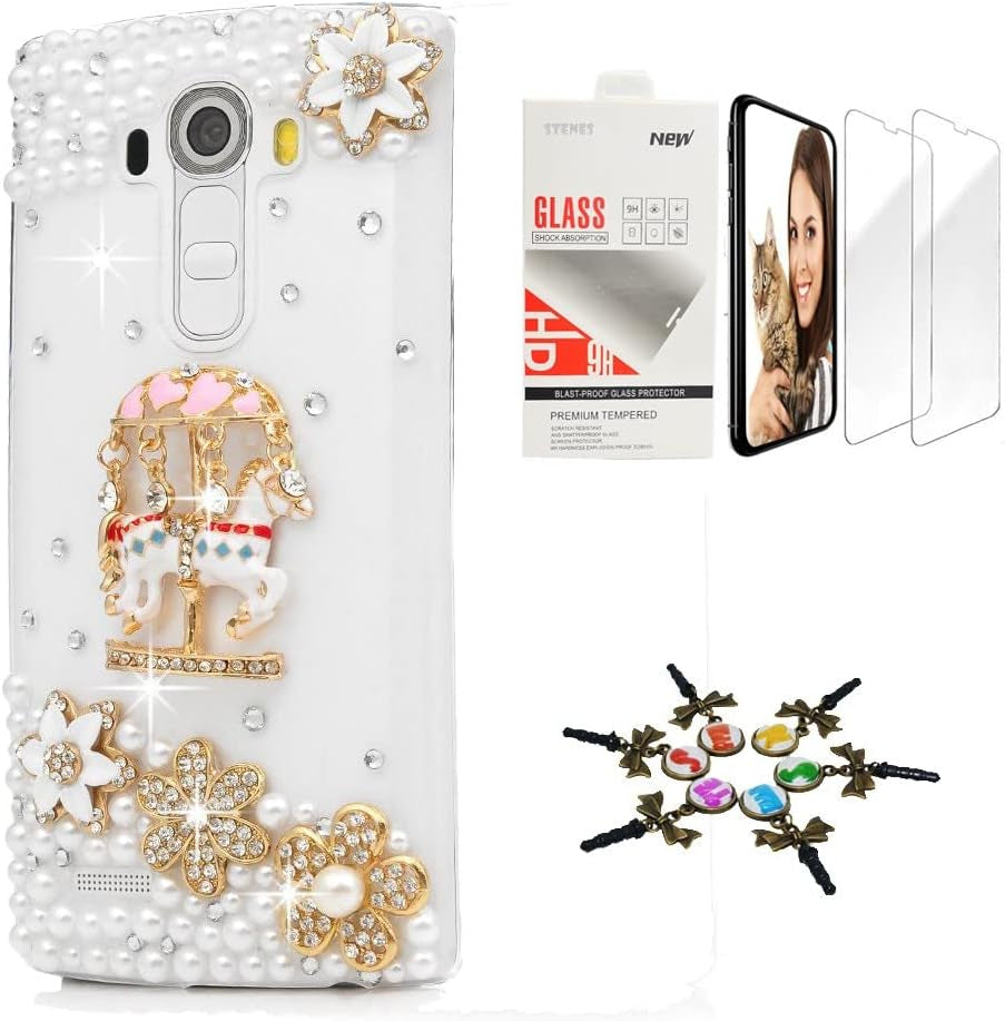 STENES Bling Case Compatible with LG V40 Thinq - Stylish - 3D Handmade [Sparkle Series] Pretty Butterfly Ring Stand Design Cover with Screen Protector [2 Pack] - Pink  STENES Carousel Flowers Floral / Gold Design For Lg Aristo 