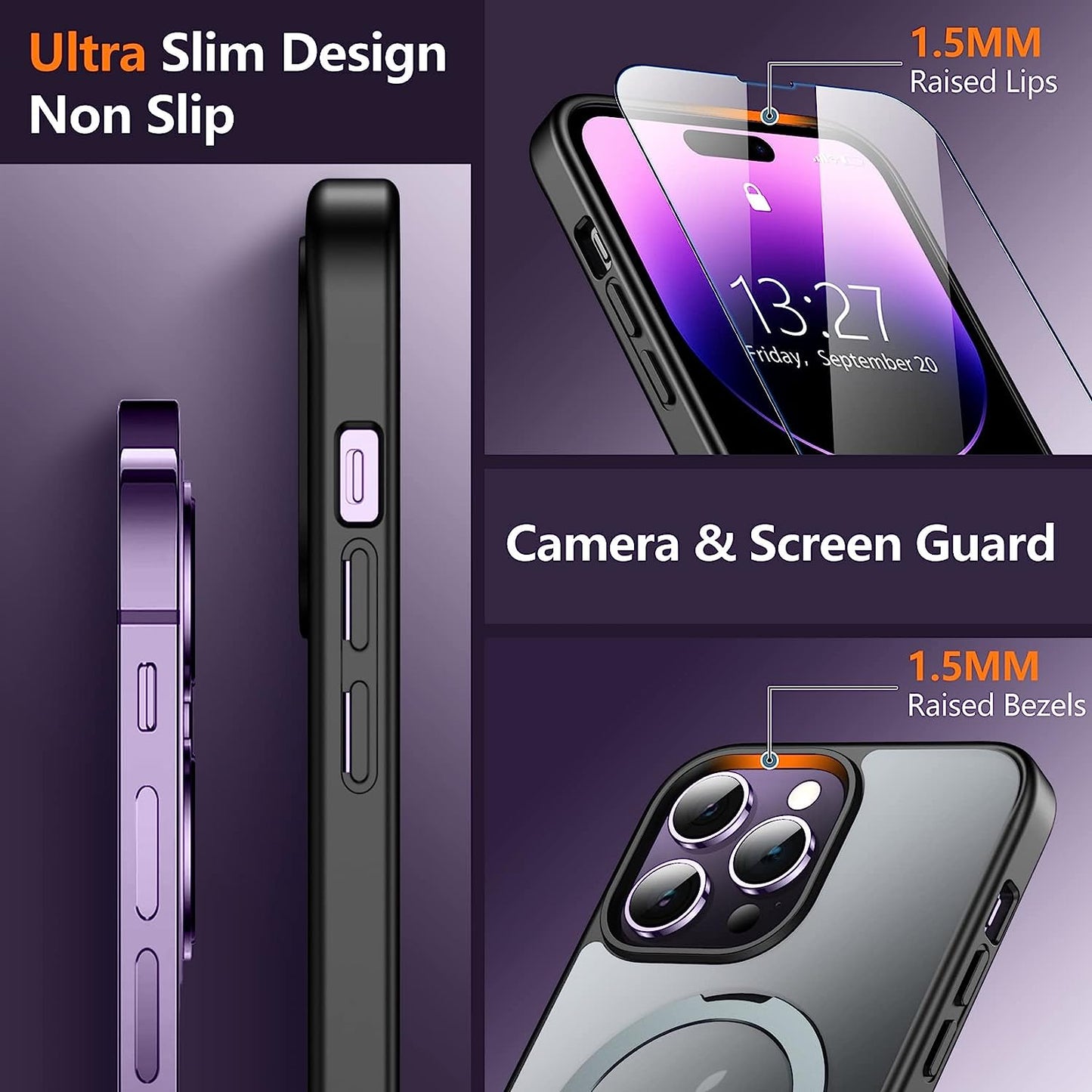 SPIDERCASE for Iphone 14 Pro Case, Magnetic Invisible Stand [Military Drop Protection] [Compatible for Magsafe], with [2 Pack Tempered Glass Screen Protector] Shockproof Translucent Matte Cases,Black  SPIDERCASE   