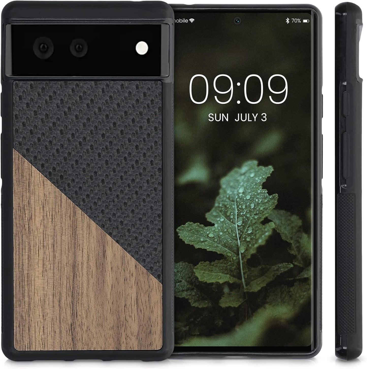 Kwmobile Case Compatible with Google Pixel 6 - Hard Phone Cover with TPU Bumper and Wood/Carbon Back - Dark Brown/Black  kwmobile   