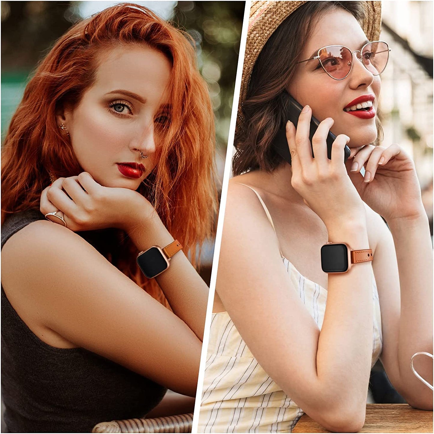 OUHENG Slim Band Compatible with Apple Watch Band 41Mm 40Mm 38Mm, Women Genuine Leather Band Replacement Thin Strap for Iwatch SE SE2 Series 8 7 6 5 4 3 2 1 (Brown/Rose Gold, 41Mm 40Mm 38Mm)  OUHENG   