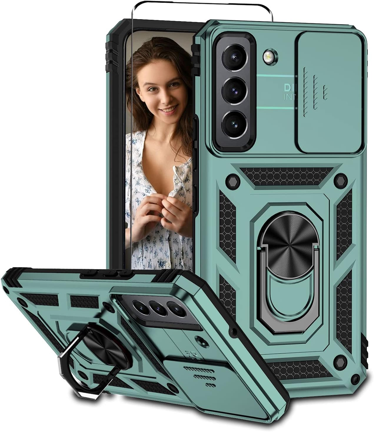 Compatible with Samsung Galaxy S22 Case with Screen Protector and Slide Camera Cover Military Grade Shockproof Heavy Duty Kickstand Bumper Car Mount Full-Body Protective for Samsung S22 Case -Silver  LEZYWONE Green  