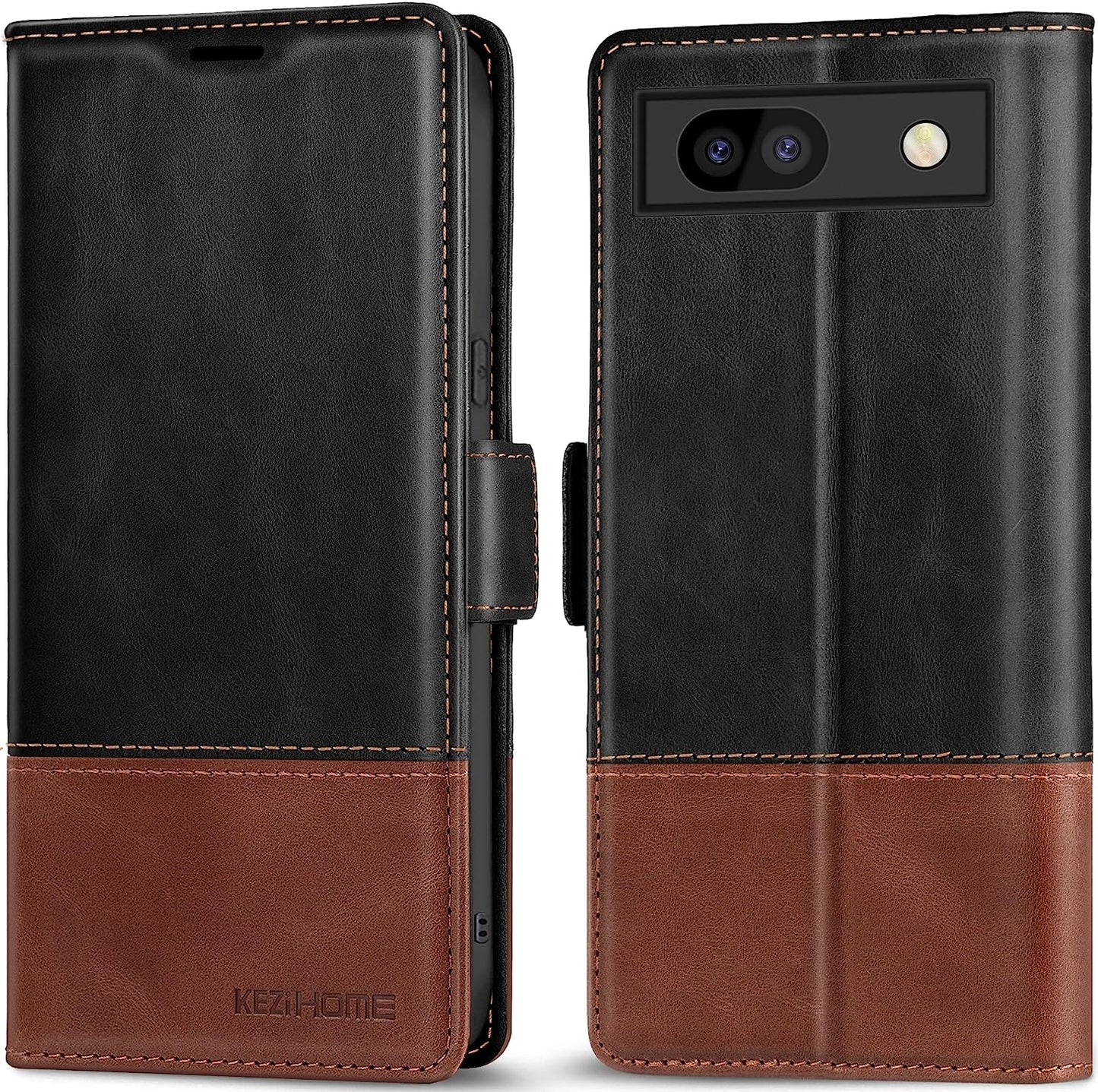 Kezihome Case for Google Pixel 7A, Genuine Leather Wallet Case with Card Holder [RFID Blocking] Kickstand Flip Protective Heavy Duty Phone Cover for Google Pixel 7A 5G 2023 (Red/Brown)  KEZiHOME Black/Brown Google Pixel 7A 
