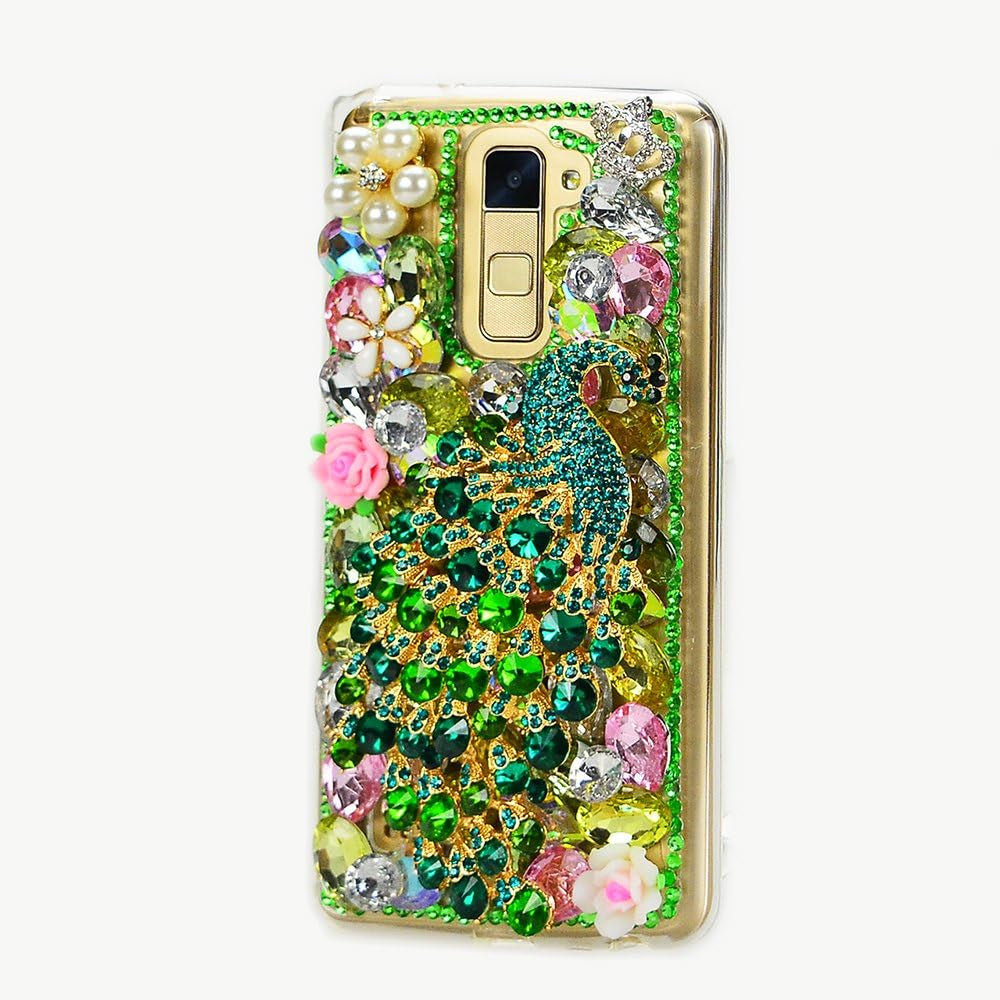 STENES LG G6 / LG G6 plus Case - Luxurious Series 3D Handmade Sparkly Crystal Bling Cover Hybrid Drop Bumper Protection Case with Retro Bows anti Dust Plug - Fan Chain Tassel Flowers  STENES Luxury Peacock Flowers / Green  