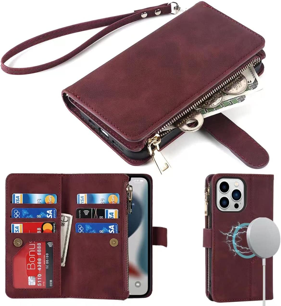 Ｈａｖａｙａ Iphone 13 Pro Max Case Wallet Magsafe Compatible,Iphone 13 Pro Max Phone Case with Card Holder,Flip Magnetic Zipper Magnetica Wallet Cover for Women Men -Wine Red  Ｈａｖａｙａ   