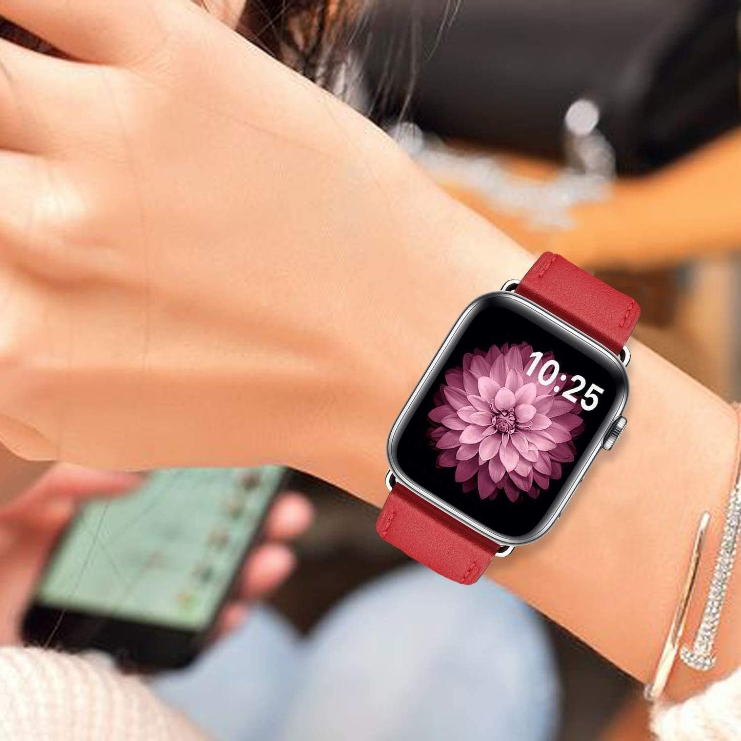 Compatible with Apple Watch Band 42Mm 44Mm 45Mm Women Men,Pierre Case Genuine Leather Sweatproof Classic Replacement Strap Stainless Steel Buckle for Iwatch Series 7/6/Se/5/4/3/2/1(Red,42Mm 44Mm 45Mm)  TOKASA   