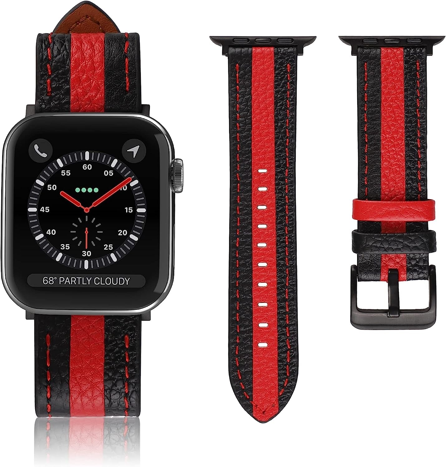 VAKS Compatible with Apple Watch Ultra Leather Band 38Mm 40Mm 41Mm 42Mm 44Mm 45Mm 49Mm for Women Men, Genuine Leather Wristband Replacement Strap for Iwatch Series Ultra/Se2/8/7/6/5/4/3/2/1/Se  VAKS Black Red Black 42mm / 44mm / 45mm / 49mm 