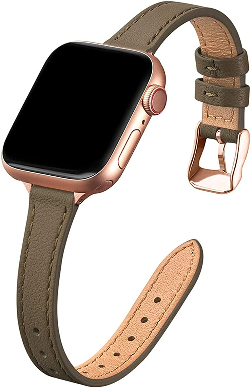 STIROLL Slim Leather Bands Compatible with Apple Watch Band 38Mm 40Mm 41Mm 42Mm 44Mm 45Mm 49Mm, Top Grain Leather Watch Thin Wristband for Iwatch Ultra SE Series 8/7/6/5/4/3/2/1  STIROLL Taupe with Rose Gold 38mm/40mm/41mm 