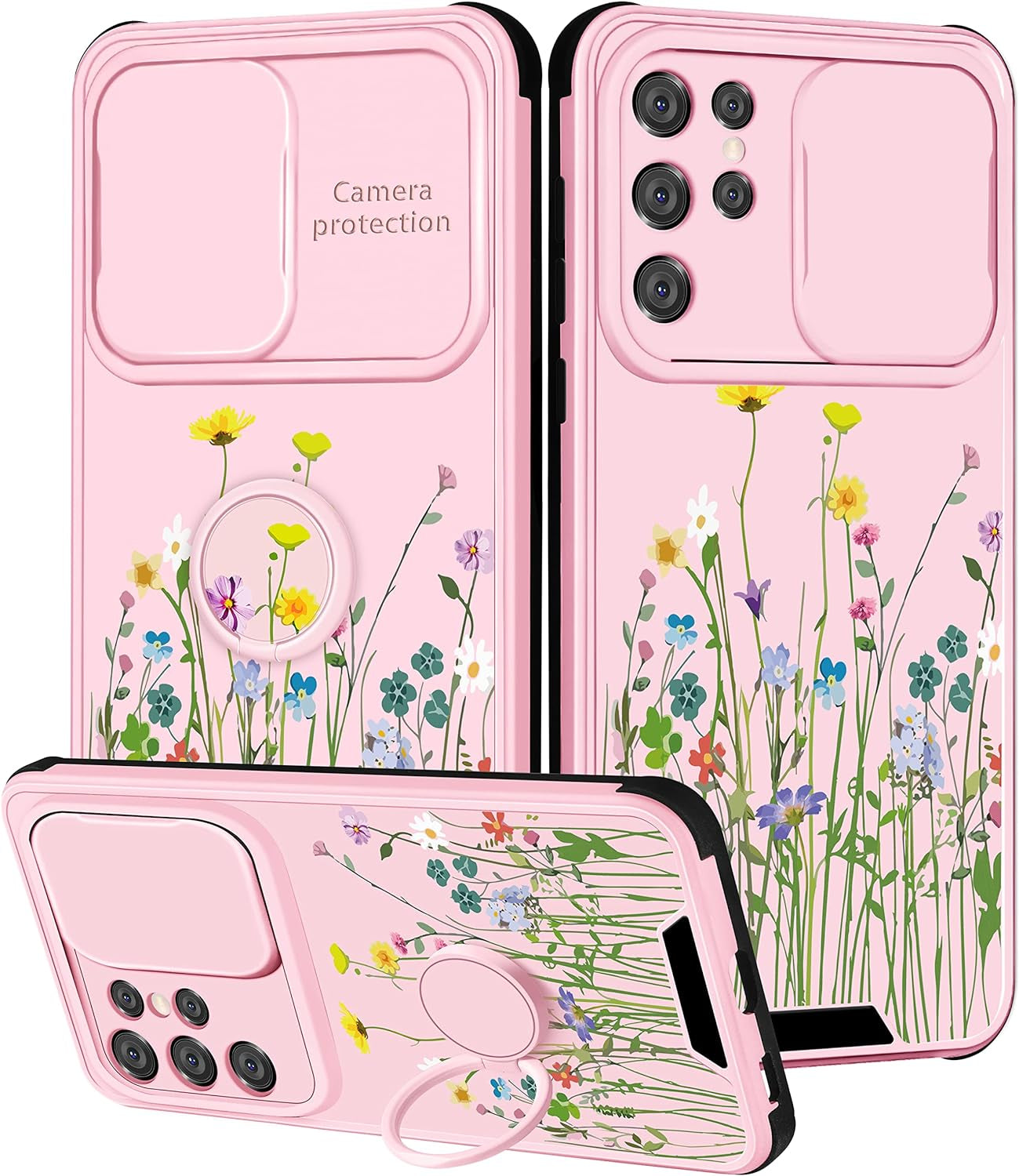 Goocrux for Samsung Galaxy S21 Ultra Case Floral Flowers for Women Girls Cute Girly Phone Cover Blue Flower Plants Design with Slide Camera Cover and Ring Holder Fashion Cases for S21 Ultra 6.8''  Goocrux Pink Floral  