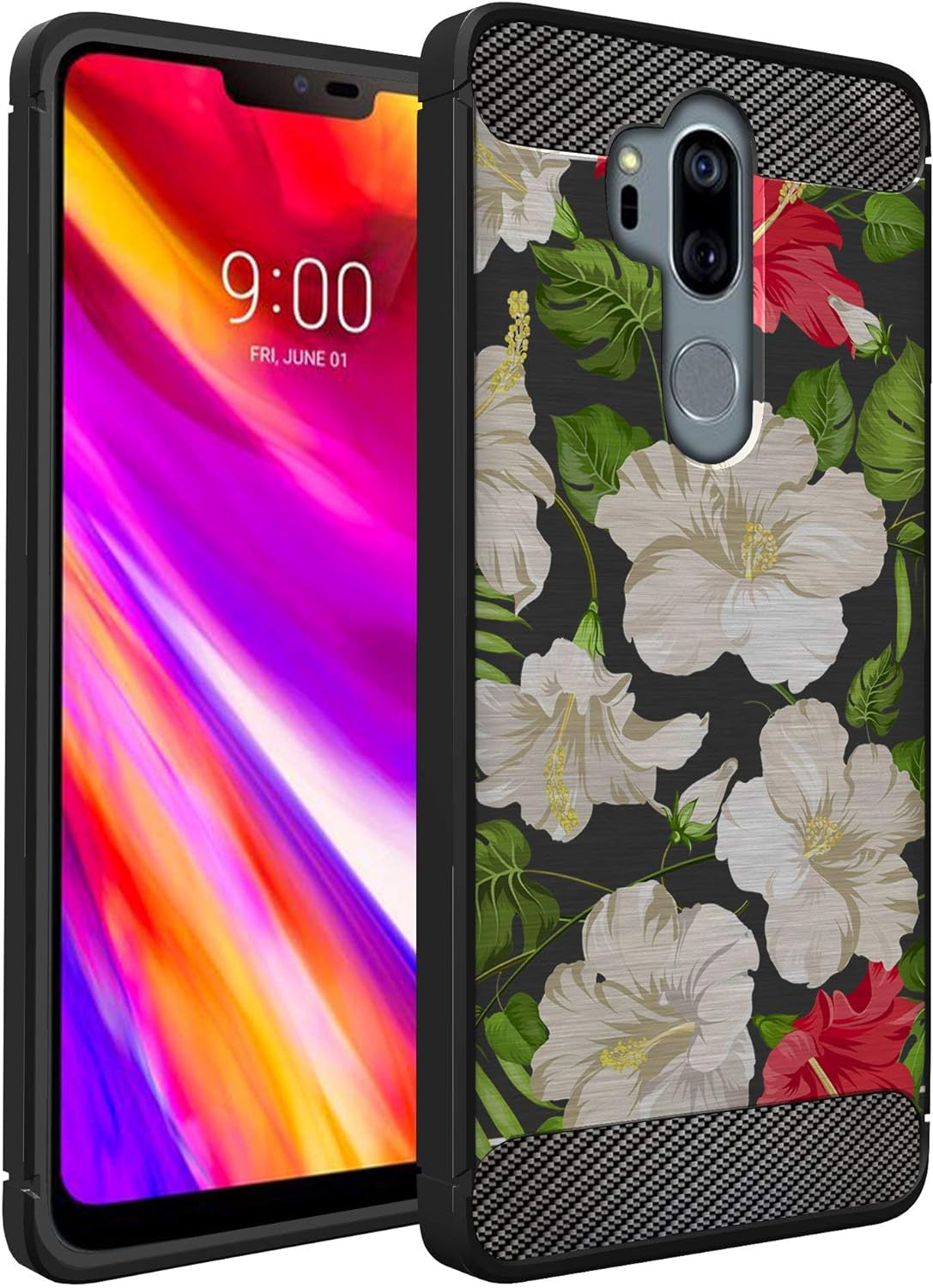 Casesondeck Case Compatible with [LG G7 / LG G7 Thinq] Tribal Floral Matte TPU Flexible Carbon Fiber Textured (Horse Tribal)  CasesonDeck White Flowers  