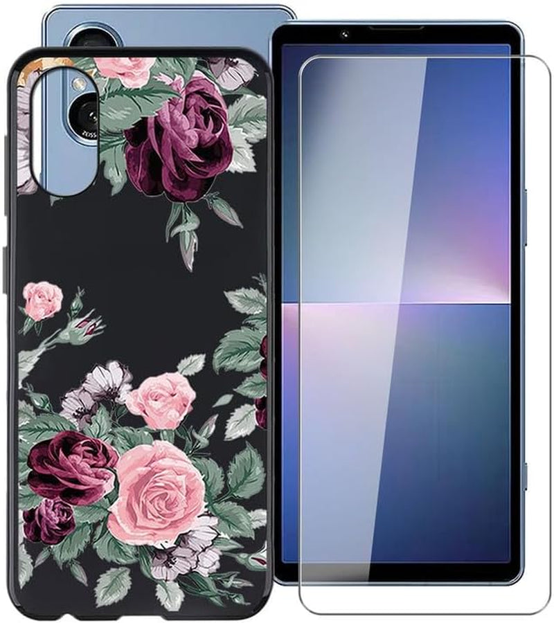 WIMSPEED Black Soft TPU Bumper Phone Case for Sony Xperia 5 V (6.1") with 1 X Tempered Glass Screen Protector, Slim Silicone Shockproof Cover for Sony Xperia 5 V - Red Rose  WIMSPEED   