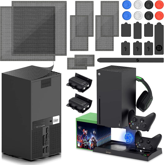 Vertical Cooling Stand for Xbox Series X with 2 Pack Dust Filter Cover and Rubber Dust Plugs and Joystick Thumb Grips  YUANHOT   