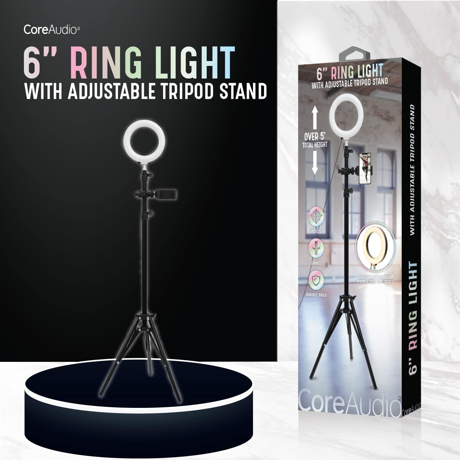 Coreaudio 6" Ring Light with Adjustable 5' Tripod Stand, LED Ring Selfie Light for Photography, Makeup, Vlogging, Photos, Video Recording, Tiktok, and Content Creator Essentials  iWorld LLC   