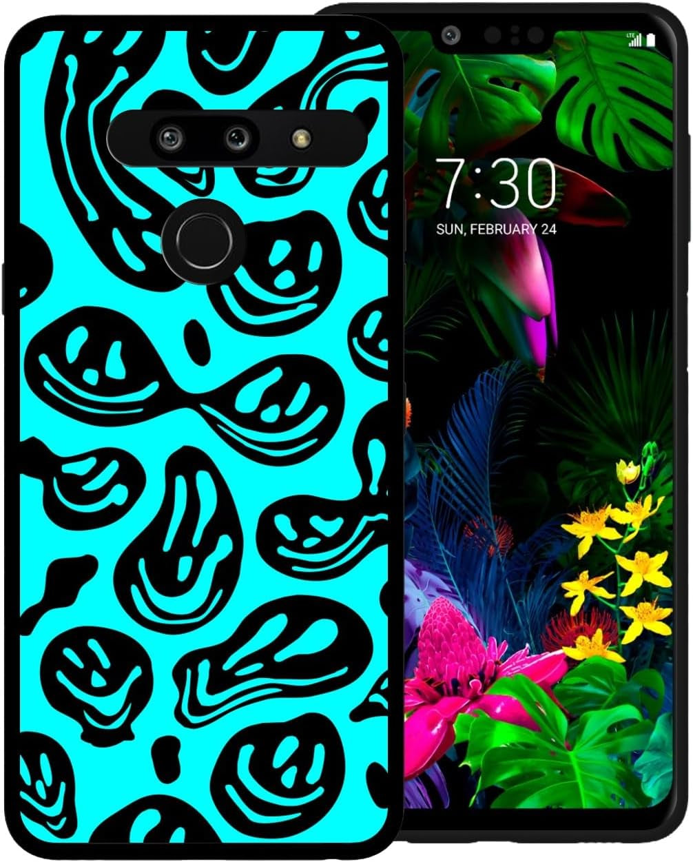 Zaztify Phone Case for LG G8 Thinq, Pastel Pink White Funny Trippy Dripping Smile Melted Hippie Smiling Skull Ghost Face Shockproof Protective Cover Shell  zaztify Cyan Blue Black Trippy Face  