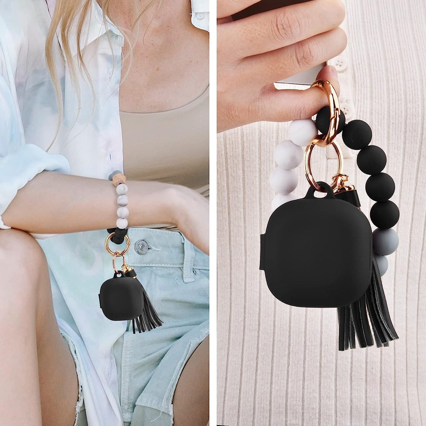 Filoto Case for Samsung Galaxy Buds 2 (2021) / Galaxy Buds Pro (2021) / Galaxy Buds Live/Buds 2 Pro, Cute Silicone Earbuds Protective Case Cover with Bracelet Keychain (Black)  Kerle   