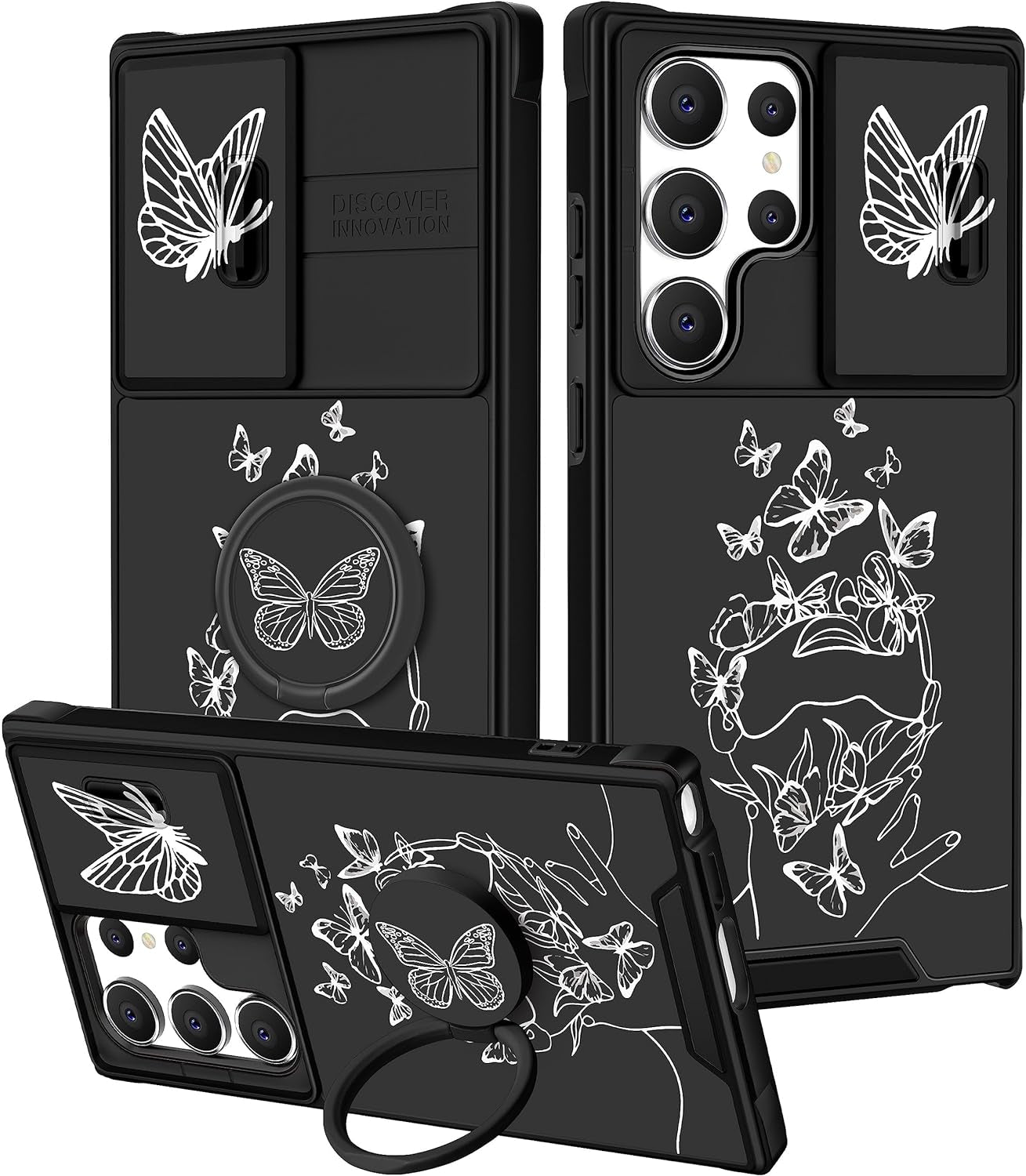 Funermei (2In1 for Samsung Galaxy S22 Ultra Case for Women Cute Butterfly Girls Phone Cover Girly Pretty Aesthetic Butterfly Design with Camera Cover and Ring Stand Funda for S22 Ultra Case 5G  Funermei 1-For S22 Ultra-White Butterfly  