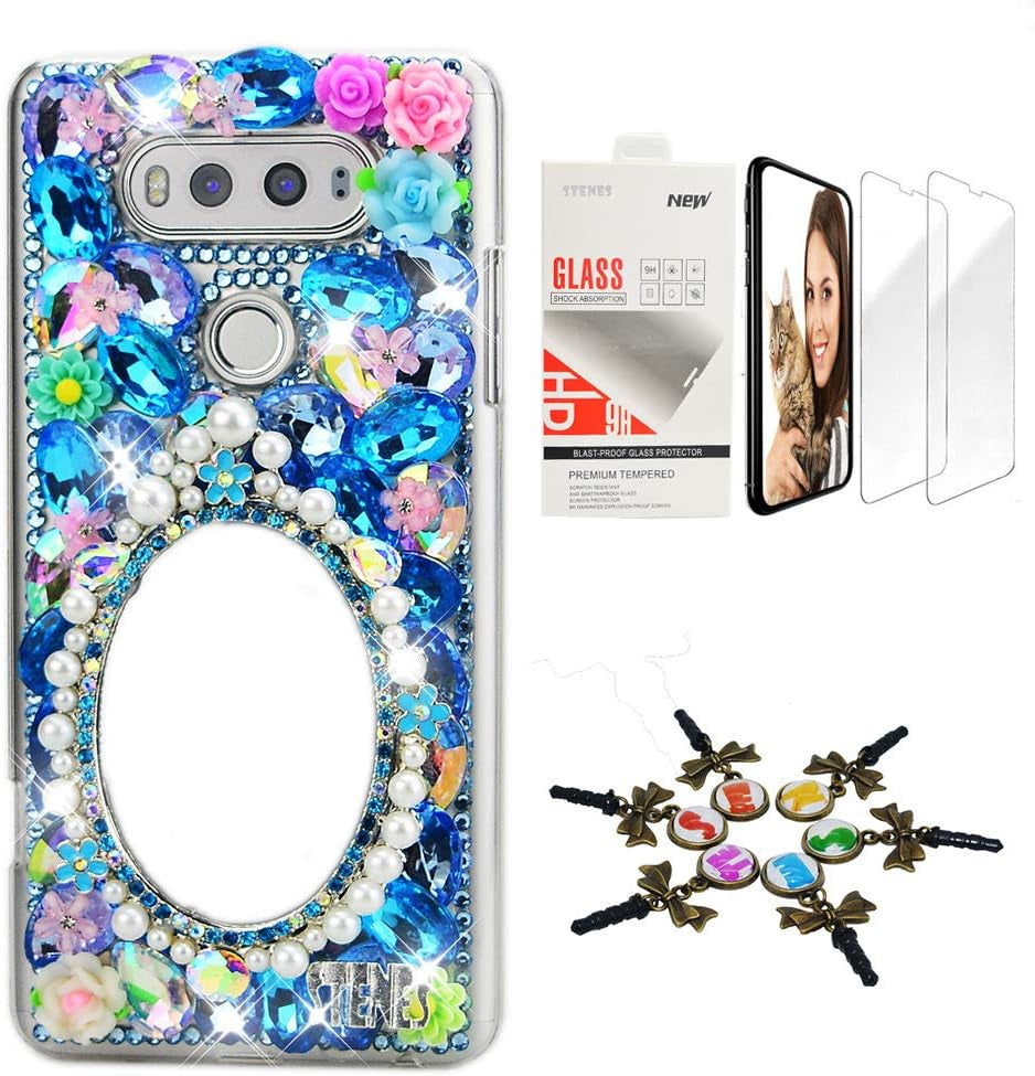 STENES Bling Case Compatible with LG Aristo 2 - Stylish - 3D Handmade [Sparkle Series] Retro Butterfly Flowers Design Cover with Screen Protector [2 Pack] - Multi Colorful  STENES Girls Mirror Flowers / Blue Design For Lg V40 Thinq 