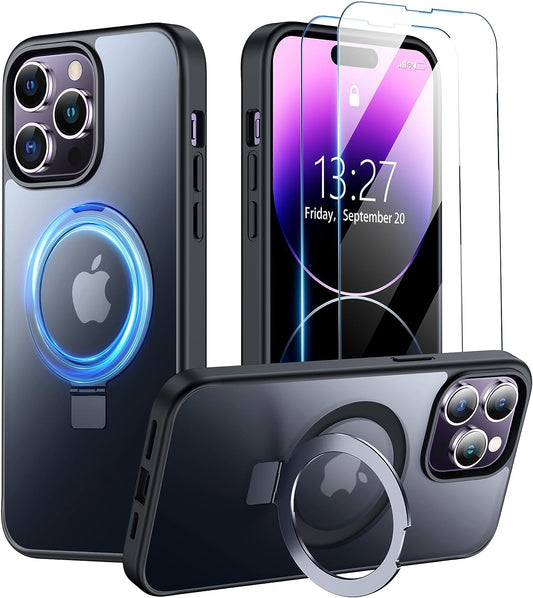 SPIDERCASE for Iphone 14 Pro Case, Magnetic Invisible Stand [Military Drop Protection] [Compatible for Magsafe], with [2 Pack Tempered Glass Screen Protector] Shockproof Translucent Matte Cases,Black  SPIDERCASE   