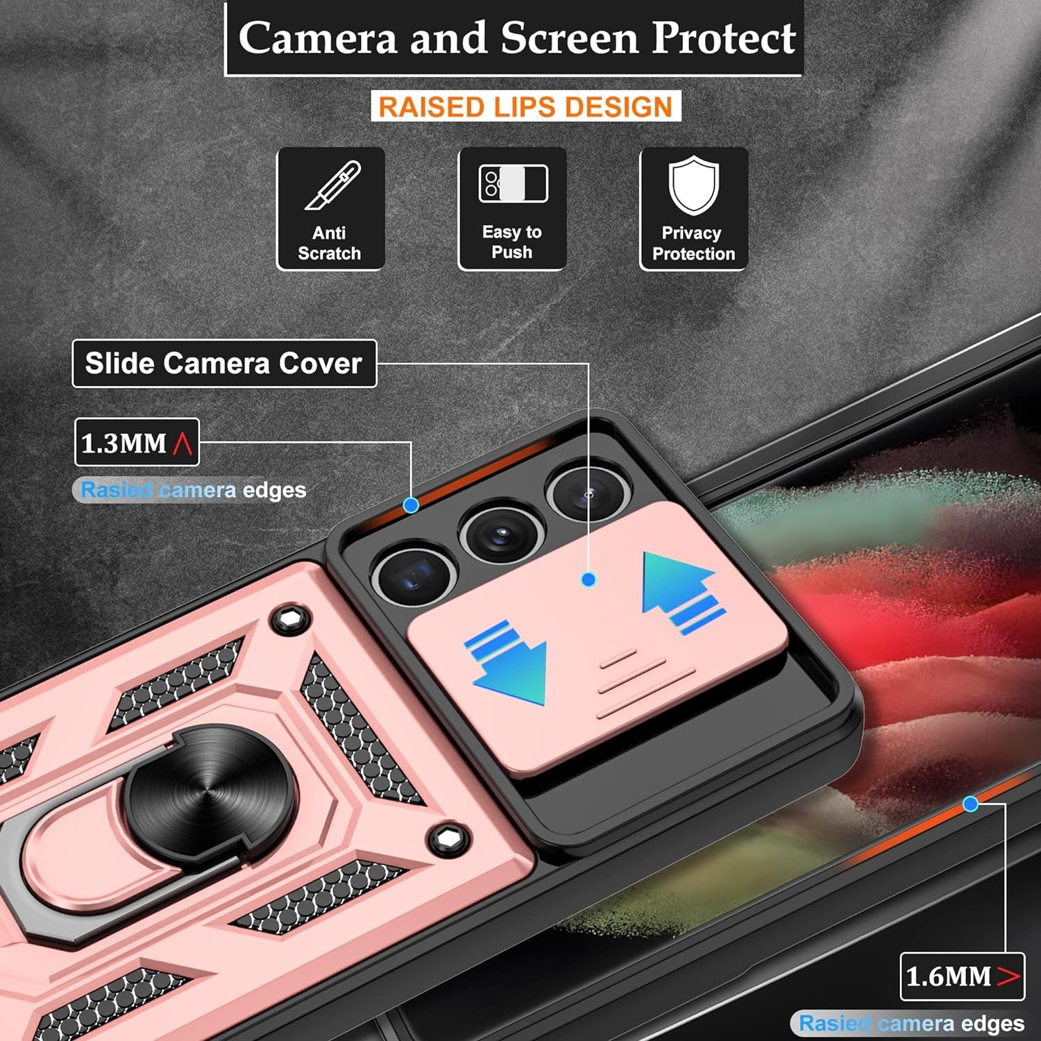 Compatible with Samsung Galaxy S21 Ultra Case,S21 Ultra Case with HD Screen Protector with Slide Camera Cover, 360°Rotation Ring Kickstand [Military Grade] Case for Galaxy S21 Ultra, Rose Gold  Gritup   