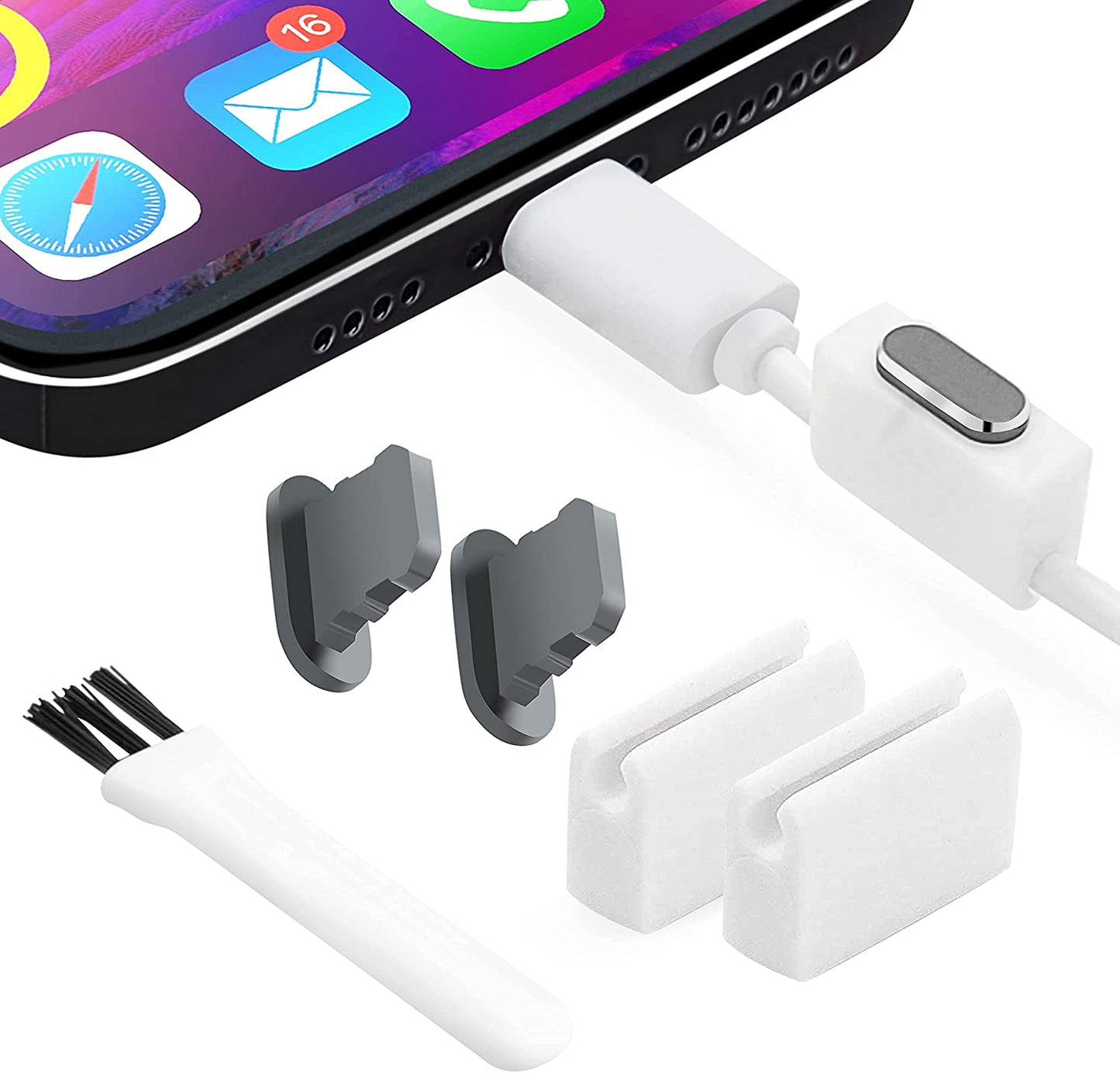 Portplugs Anti-Dust Plugs (2-Pack) Compatible with Iphone 14/13/12/11/X/XS/8/7, Plus/Max/Pro/Mini, Ipad - Aluminum, Includes 2 Holders & Cleaning Brush (Black)  PortPlugs Gun Metal  