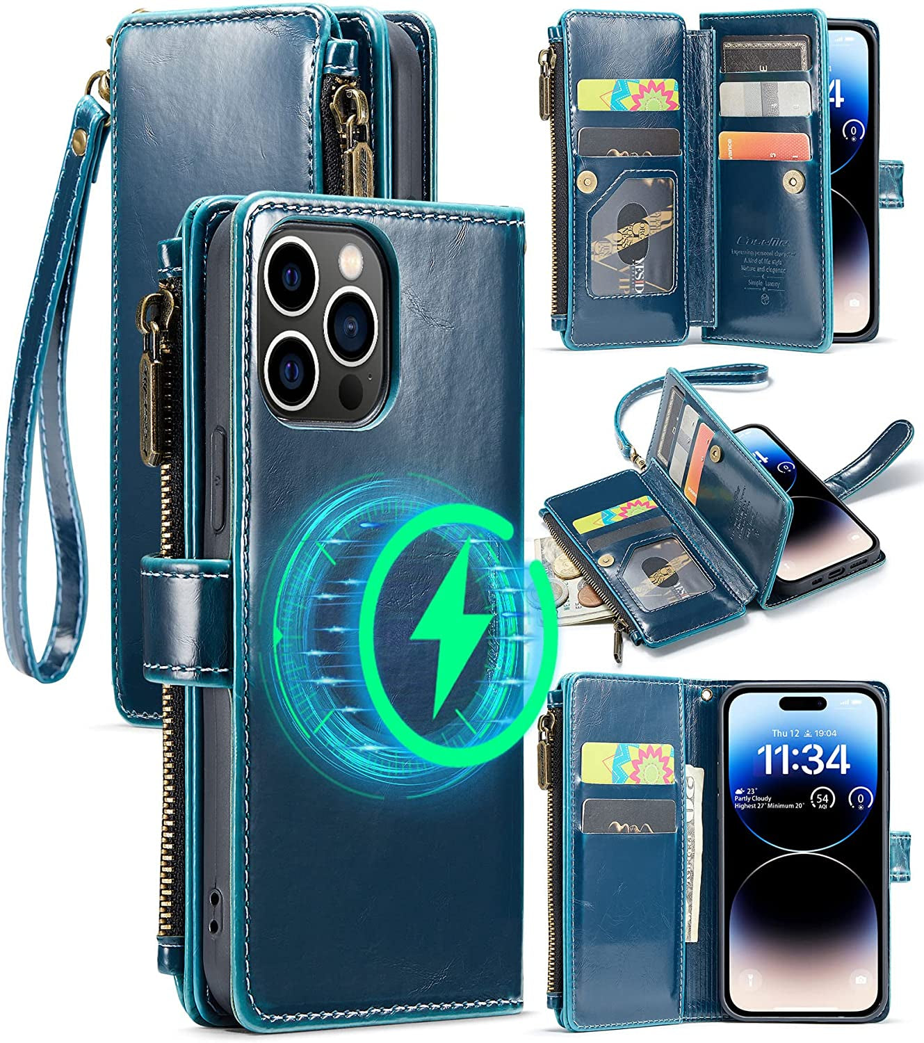 FLIPALM Wallet Case for Iphone 14 Pro(6.1") Flip Case,Compatible with Magsafe Charger,Pu Leather Zipper Protective Lanyard Strap Wristlet Case with Magnetic Closure and Card Holder Luxury Coffee  FLIPALM Luxury Blue iPhone 14 Pro 