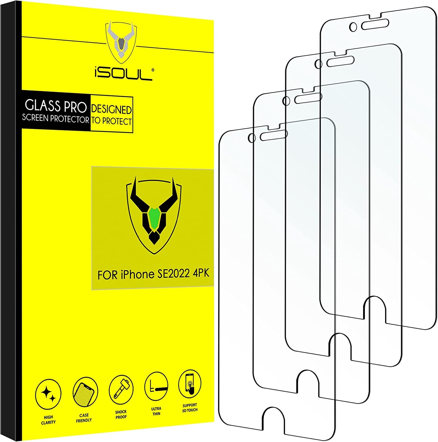 Isoul [4 Pack] Screen Protector for Iphone SE 3/2 (2022/2020)/ 8/7/6S/6 Tempered Glass Film 9H HD, 2.5D Edge 4.7 Inch [3D Touch] [Compatible with Apple SE Iphone 2Nd 3Rd Gen]  iSOUL   