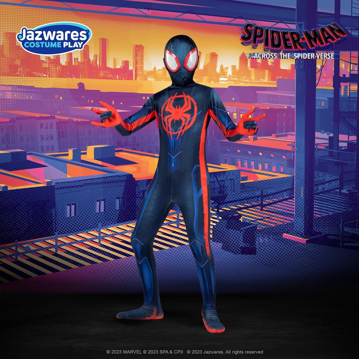 MARVEL Miles Morales Official Youth Deluxe Zentai Suit - Spandex Jumpsuit with Printed Design and Detachable Spandex Mask with Plastic Eyes  Marvel   