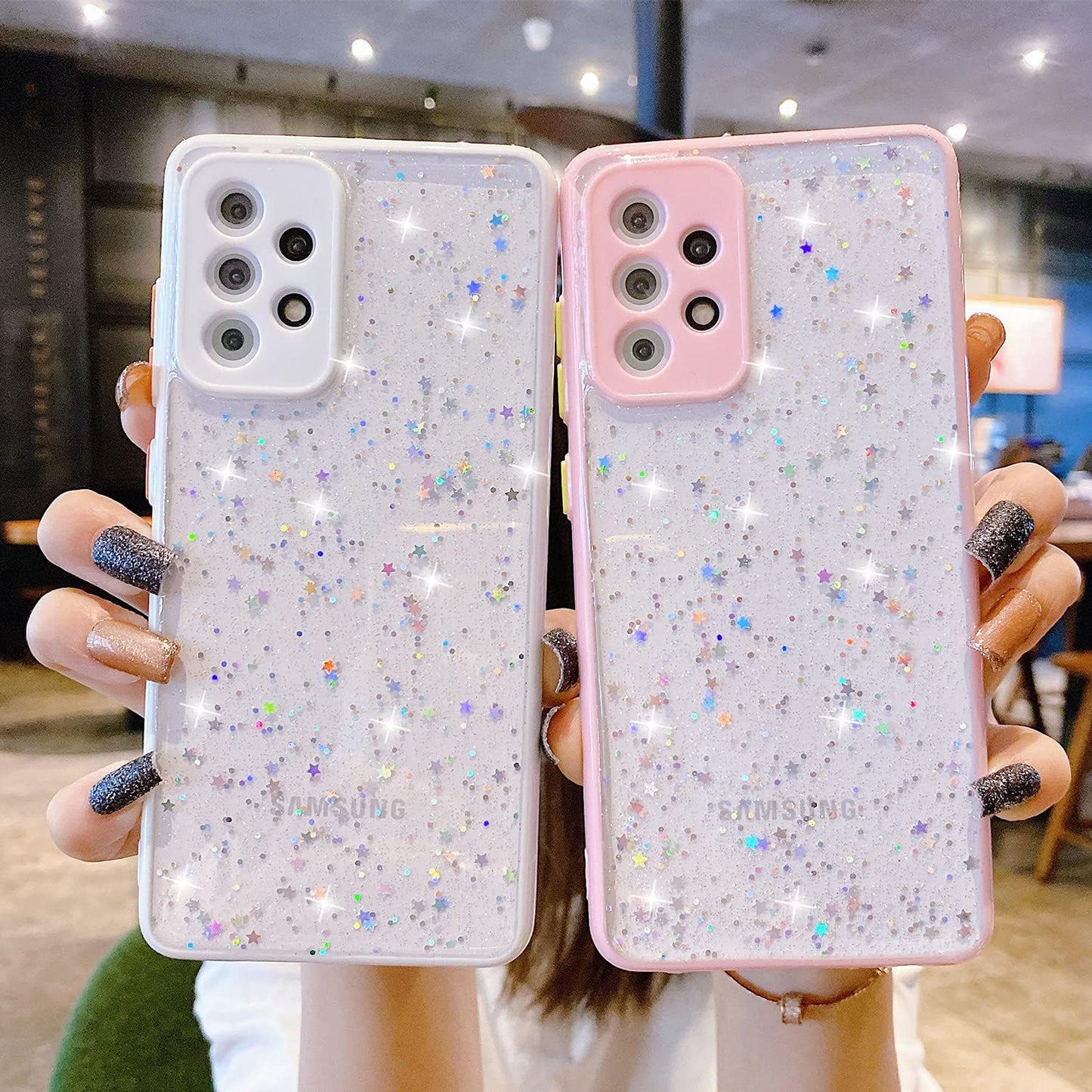 Compatible with Samsung Galaxy S21 Case for Women Girls,Soft Slim Fit Full-Around Protective Cute Clear Sparkly Bling Star Phone Case Glitter Cover for Samsung Galaxy S21 6.2 ''-White  JWKJUS   
