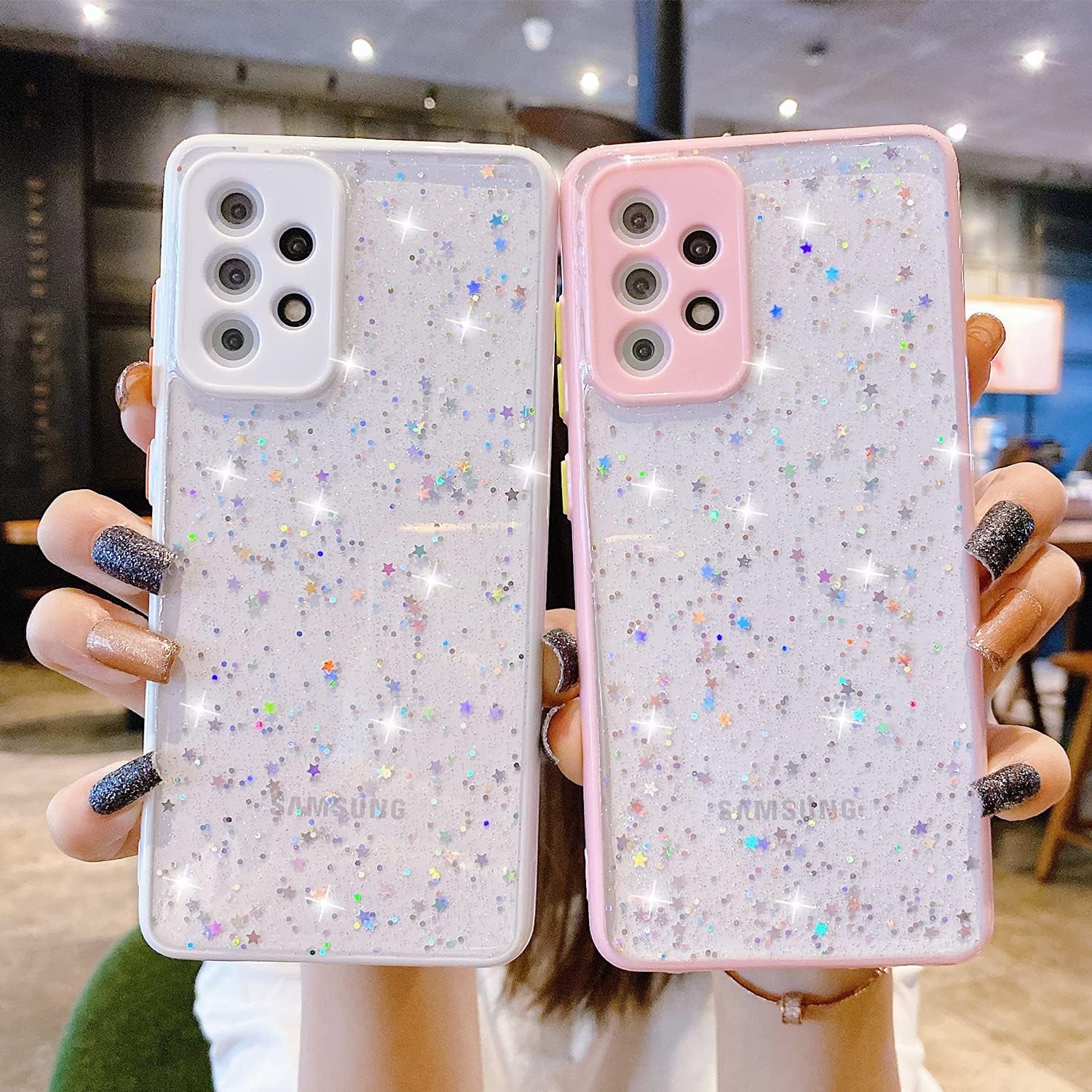 Compatible with Samsung Galaxy S21 Case for Women Girls,Soft Slim Fit Full-Around Protective Cute Clear Sparkly Bling Star Phone Case Glitter Cover for Samsung Galaxy S21 6.2 ''-White  JWKJUS   
