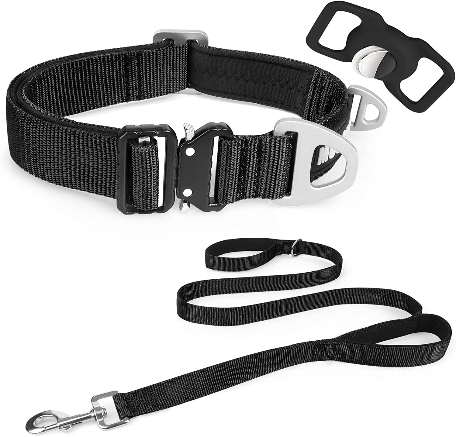 MOOGROU Dog Collar with Airtag Holder,Quick-Release Metal Buckle Heavy Duty Pet Collar for Small Medium Large Dogs,Premium Adjustable Nylon Airtag Dog Collar with Soft Neoprene Padded Comfy Brown 1.2"  MOOGROU Black-Collar Leash Set Size 1-Width 1" 